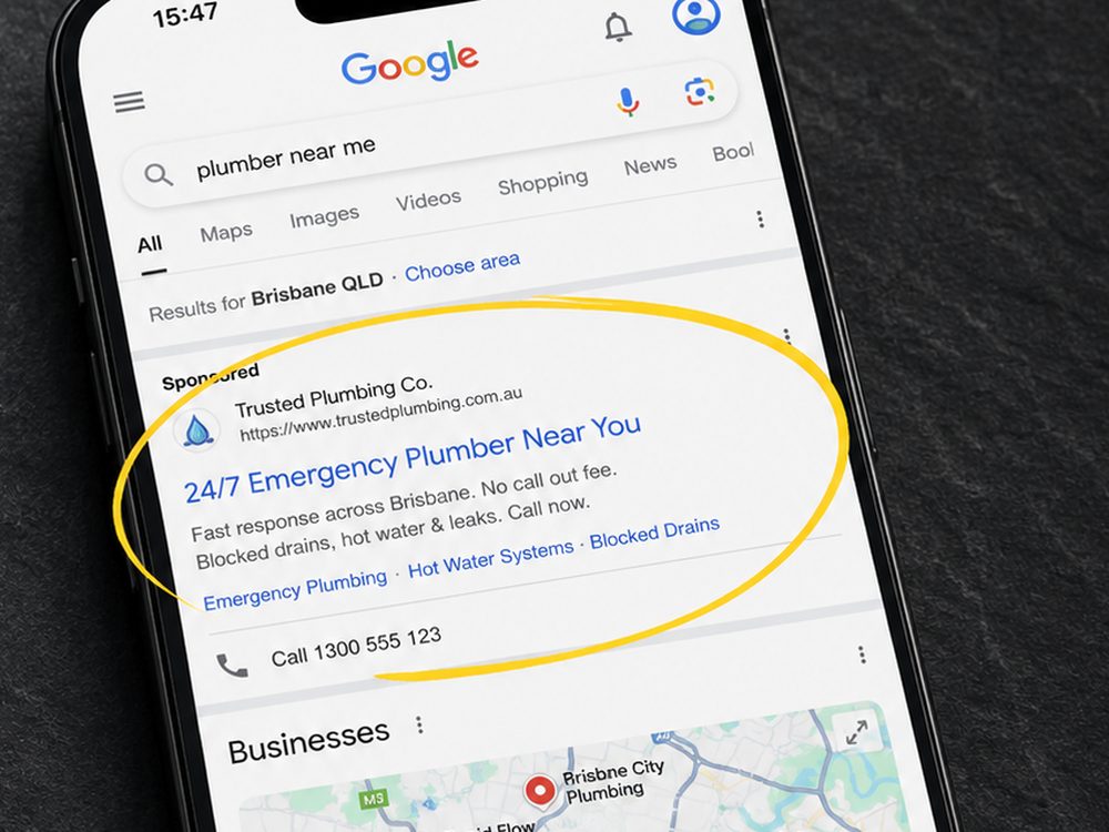Google search for "plumber near me" on a phone, with the sponsored ad at the top circled